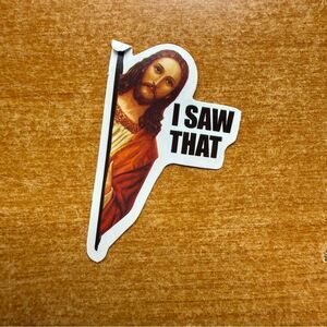 Humorous 'I Saw That' Jesus Sticker - Red and White